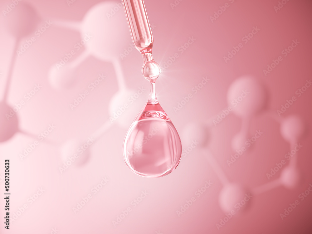 Cosmetic pipette with Pink collagen serum or essence Oil drop on Molecule background, 3d rendering. Cosmetic pipette with Pink collagen serum or essence Oil drop on Molecule background, 3d rendering.