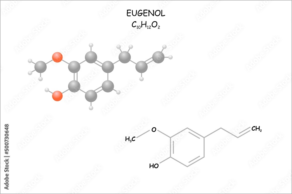 Stylized molecule model/structural formula of eugenol. Natural