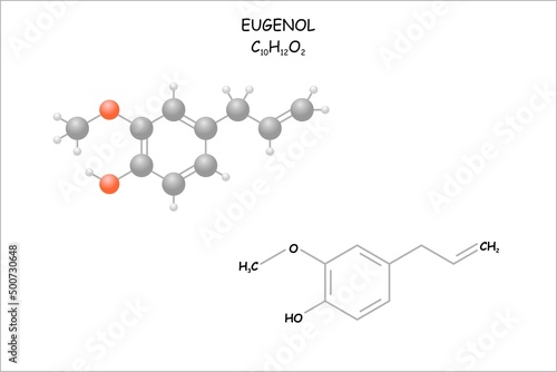 Stylized molecule model/structural formula of eugenol. Natural component e.g. in cloves. Use as spicy fragrance.