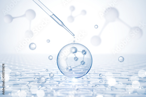 Dropper and Molecule inside Liquid Bubble, 3d illustration. photo