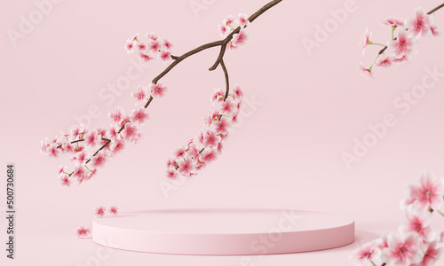 Fotografiet minimal abstract background, podium display with pink cherry bossom background for product presentation