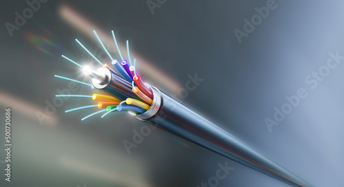 Connection of Optical fiber cable, technology background, 3d illustration. photo