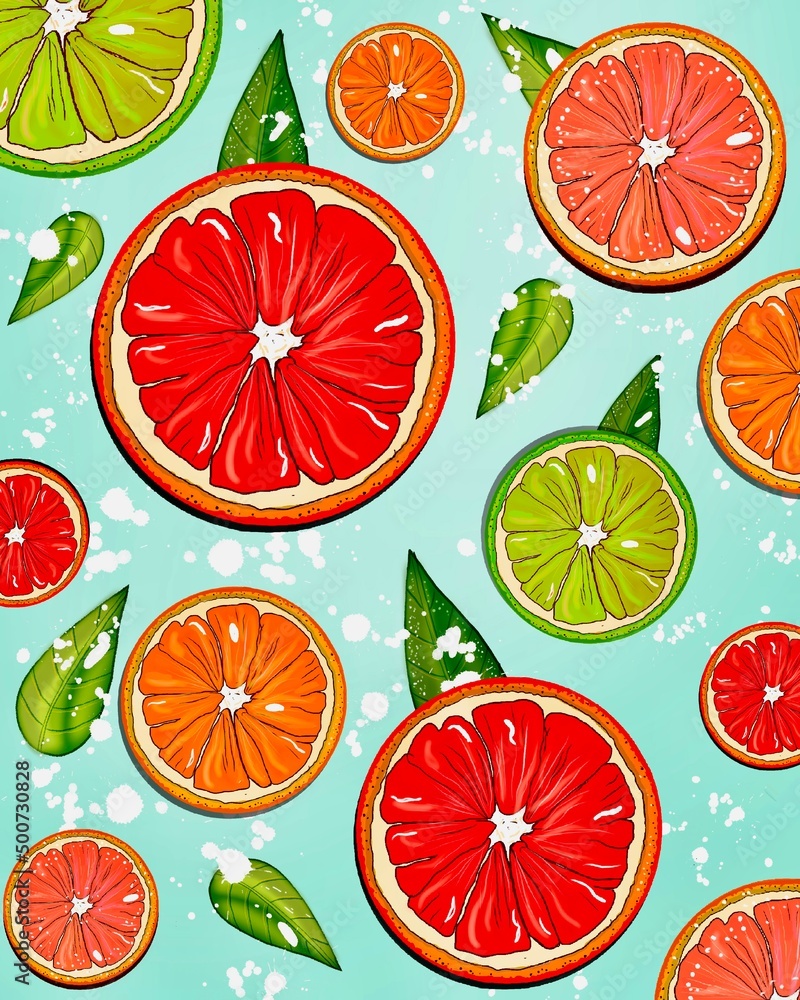 Grapefruits on a blue background. Ribbon bright citrus background, illustration, hand drawing, pattern Grapefruits on a blue background. Ribbon bright citrus background, illustration, hand drawing, pattern