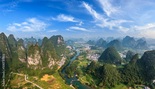 Aerial view of beautiful mountain and river natural landscape in Guilin  China. Guilin is a world famous tourist resort. Here are the most widely distributed karst landforms in China.