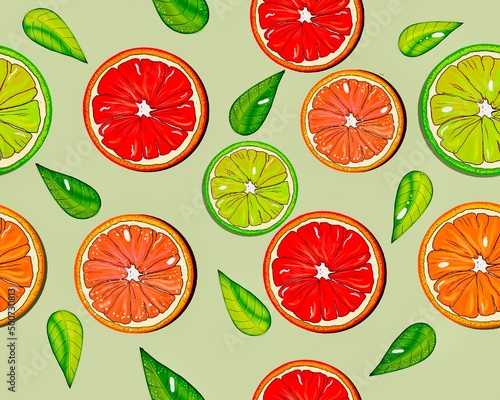 Slices of colorful citrus fruits on a green background, hand drawing, illustration, seamless 