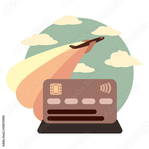 Credit card for cash, money, cryptocurrency. Isolated sign for going on a journey, vacation, business trip, debit card. Airplane in the clouds. Flat vector best premium illustration.