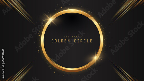 Gold circle of shiny particles on black background. Golden lights frame, place for text. Vector illustration
