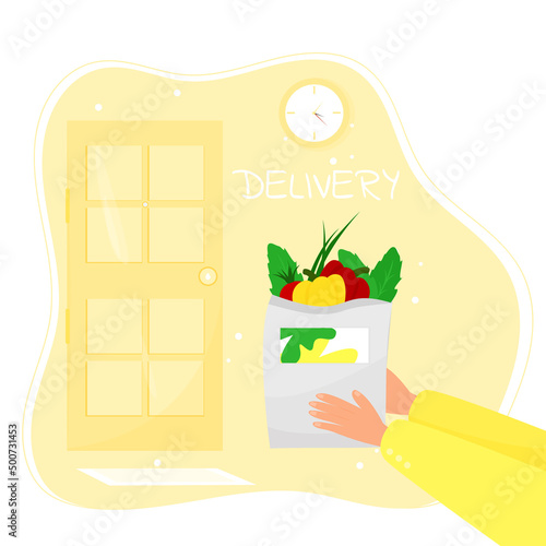 Courier's hands with a paper bag with vegetables and herbs. Safe delivery to the Courier's home with a parcel to the door. Flat vector illustration in cartoon style