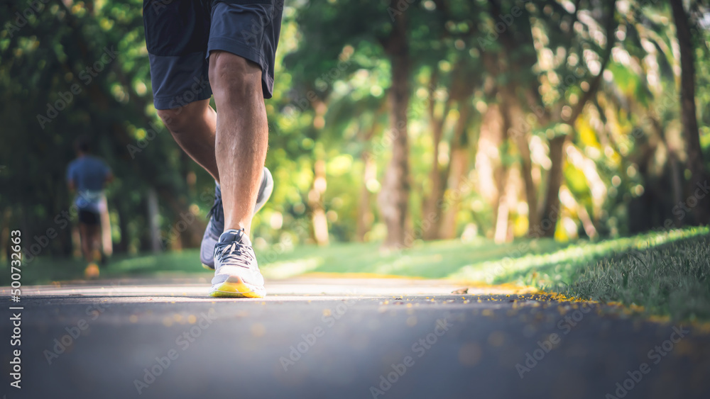 People wearing sneakers is exercise by jogging for health on concrete roads  in the park, to exercise and sport concept. Stock Photo | Adobe Stock
