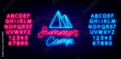 Summer camp neon emblem. Camping sign with mountains. Shiny blue and pink alphabet. Vector stock illustration