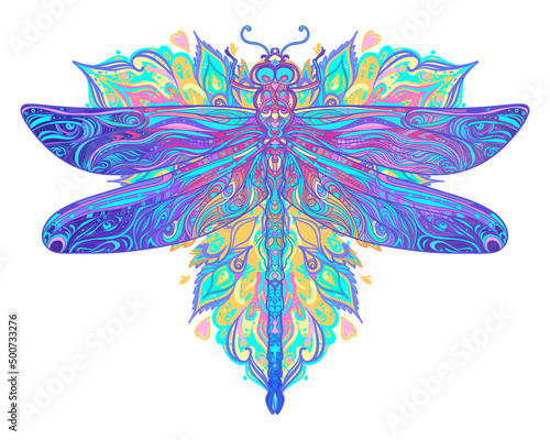 Ornate dragonfly over colorful round mandala pattern. Ethnic patterned vector illustration. African, indian, totem, tribal, zentangle design. Sketch for tattoo, posters, t-shirt print, fabric design.