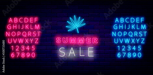 Summer sale neon sign with palm leaf. Season special offer. Shiny alphabet. Marketing advertising. Vector illustration