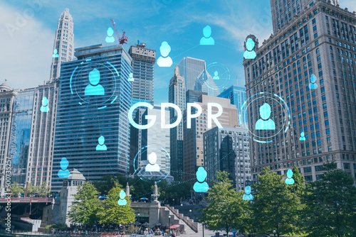 Panorama cityscape of Chicago downtown and Riverwalk, boardwalk with bridges at day time, Illinois, USA. GDPR hologram, concept of data protection regulation and privacy for individuals