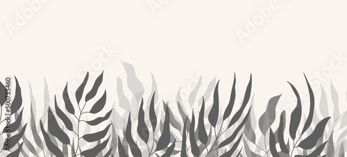 Floral web banner with drawn grey exotic leaves. Nature concept design. Modern floral compositions with summer branches. Vector illustration on the theme of ecology, natura, environment