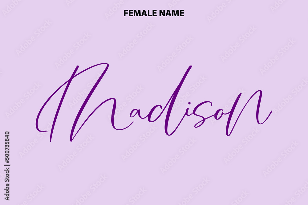 Cursive Text Lettering Girl Name Design Madison on Purple Background