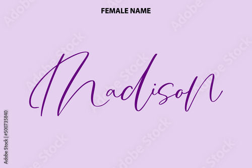 Cursive Text Lettering Girl Name Design Madison on Purple Background