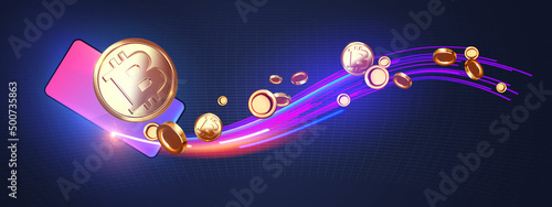 Bitcoin. 3D render crypto money symbol with smartphone and light effects. Cryptocurrency coin