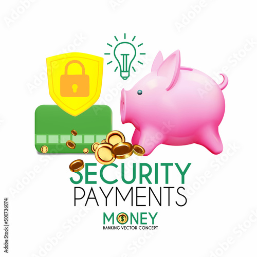 Save money idea concept. 3D cash, flying coins, card, secutity shield and piggy bank isolated on white. Banking concept.