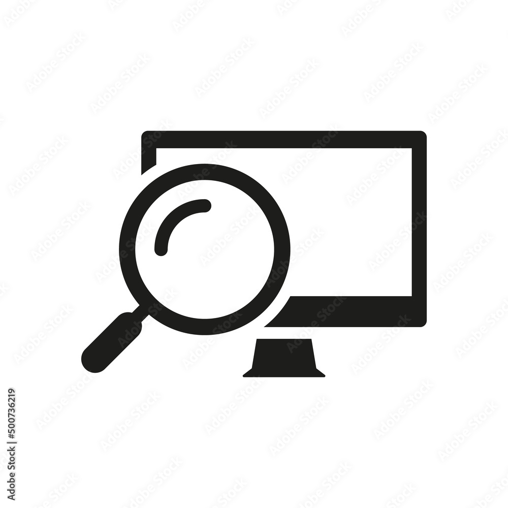 Pc monitoring search with magnifying glass on screen. Web search, vector. Pc monitoring search with magnifying glass on screen. Web search, vector.