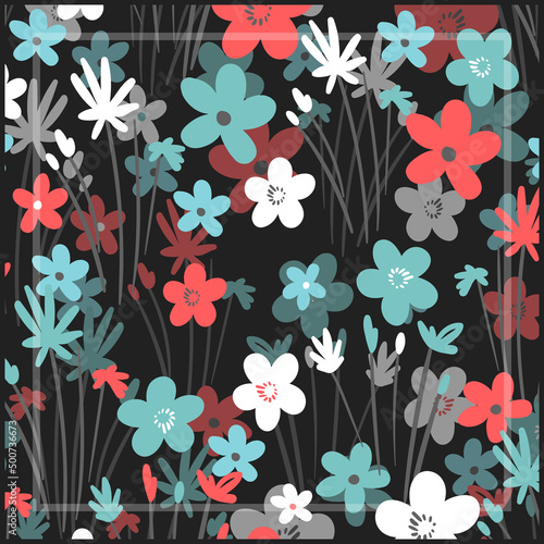 Print for kerchief, bandana, scarf, handkerchief, shawl, neck scarf. Squared pattern with ornament for fabric, textile, silk products. Paisley vector with abstract flowers. Floral folk tracery