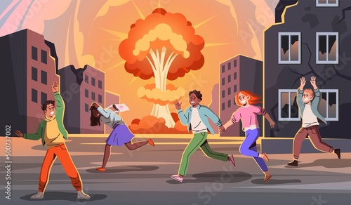 Afraid people running away. City destroyed war, streets explosions, scared residents fleeing in panic, broken buildings, scared couple, scream characters, vector cartoon flat isolated concept