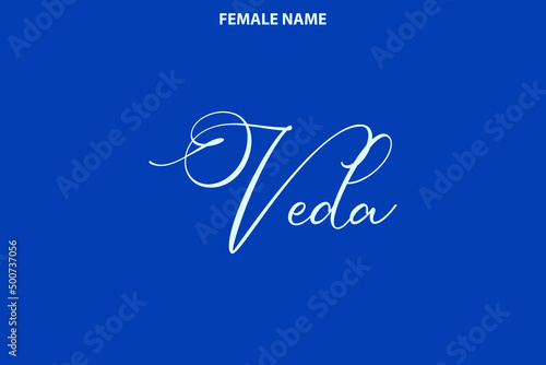 Text Lettering Female First Name Veda on Blue Background