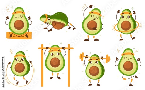 Cartoon avocado athlete. Funny vegetable character, sport mascot, cute green fruit gym activities, push and pull ups, yoga and fitness, healthy lifestyle. Kawaii emoticon workout vector set