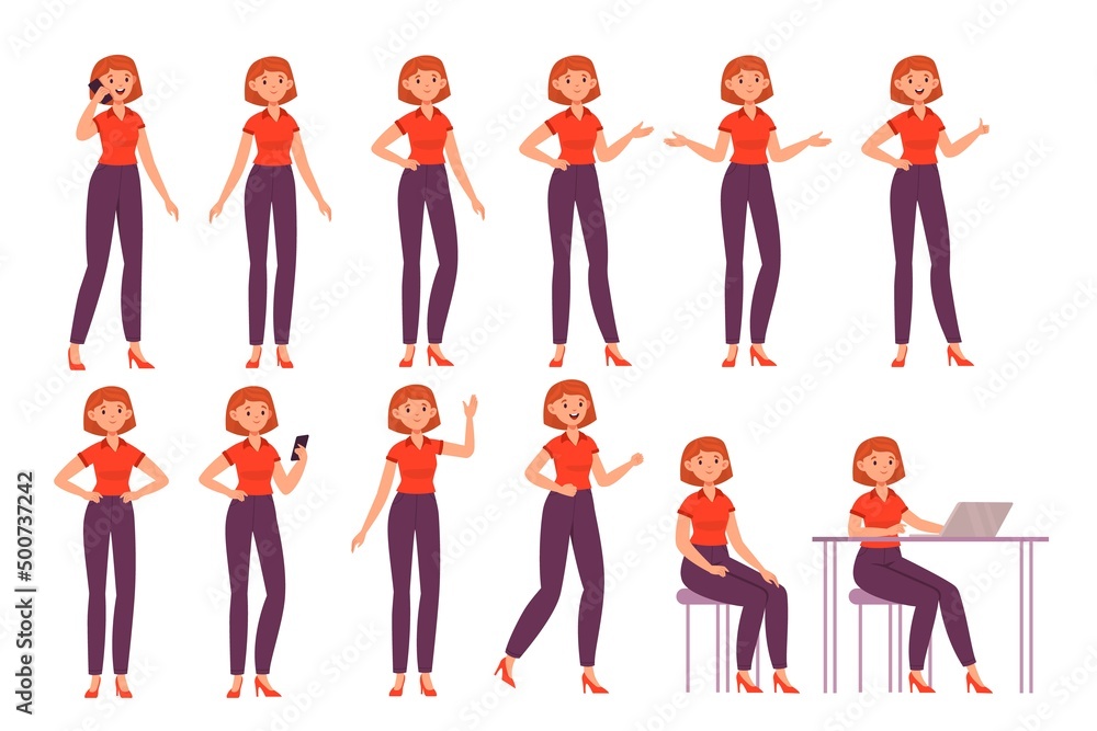 Cartoon female character poses. Happy woman in different poses, actions and emotions, standing and sitting, working on computer, casual clothes, in t-shirt and trousers vector set