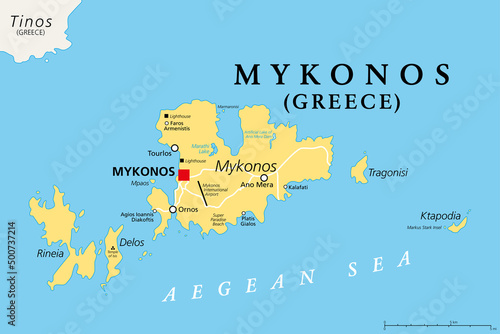 Mykonos, an island of Greece, political map. Greek island in the Aegean Sea, and part of the Cyclades. Nicknamed The Island of the Winds, known as a gay-friendly destination with a vibrant nightlife.  photo