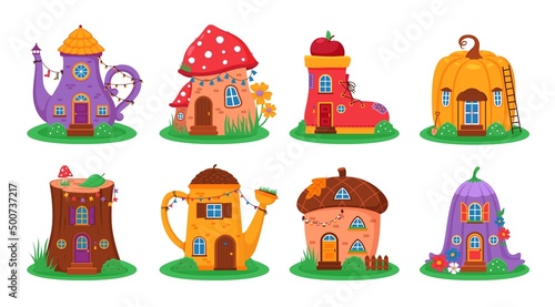 Cartoon fantasy houses. Cute fairy little homes, funny different shapes magical builds, gnome cottage, pretty mushroom, pumpkin and acorn. Purple flower, teapots and boots shapes vector set