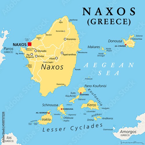 Naxos and Lesser Cyclades, Greek islands, political map. Island group in the Aegean Sea, and part of the Cyclades archipelago. Popular tourist destination with a number of beaches and several ruins. photo