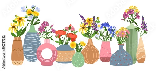 Ceramic vases with flowers. Interior floral pottery with gardens bouquets, different contemporary shapes, handmade porcelain bottles with plants, modern cozy decor, vector horizontal concept
