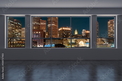 Panoramic picturesque city view of Boston at night time from modern empty room interior, Massachusetts. An intellectual, technological and political center. Night 3d rendering.