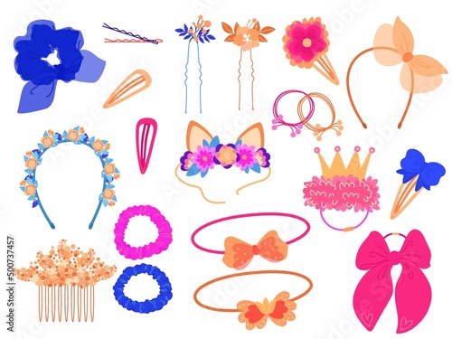 Hair accessories. Different girly style elements. Headbands, tiaras, elastic bands and hair pins, decorative flowers, silk ribbons and bows, girls beauty objects, vector isolated set