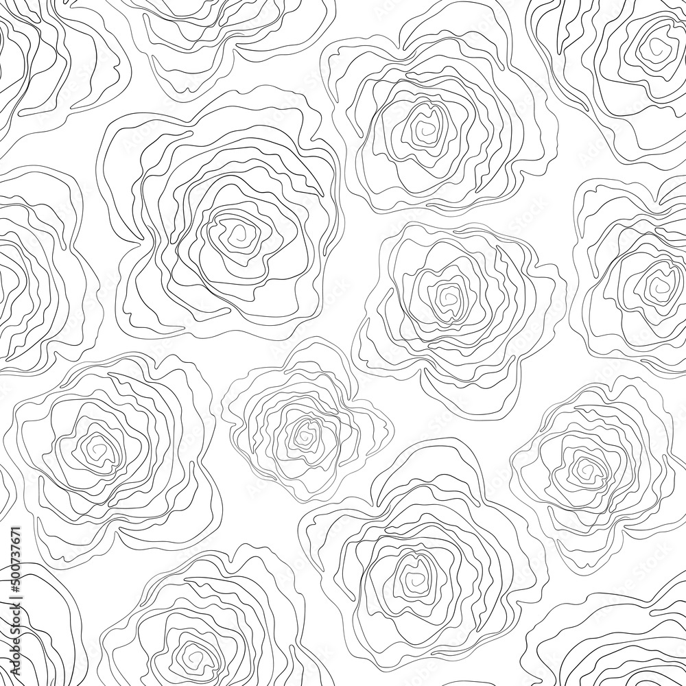 Fototapeta premium Seamless floral pattern silhouette art line ornaments. Black and white background with flowers. Vector illustration. Simple minimalistic pattern. Contour graphics for invitation, card, textile, fabric