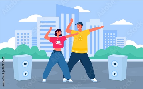 People dance on street. Young guy with girl, professional hip hop dancers, couple performance on city background, breakdance team, contemporary choreography, vector cartoon flat concept