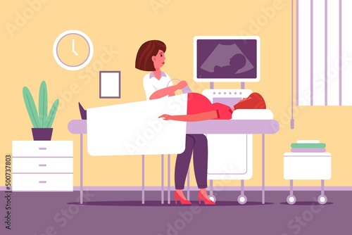 Pregnant woman screening. Doctor does expectant mother ultrasound, medical examination, female character, maternity clinic, consultation with gynecologist hospital interior, vector concept