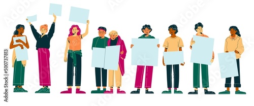 Protest people. Peaceful rally, multiracial men and women hold blank banners, guys and girls in casual clothes standing, elderly couple, young activists demonstrating, human rights vector set