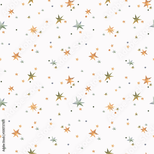 Seamless hand drawn Pattern with atmosphere of party with stars falling on white background. Watercolor print for textile, scrapbooking paper, greeting cards, fabrics, wallpaper.