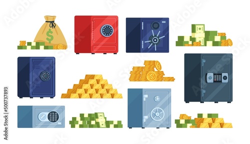 Safe boxes and money. Cartoon bank vault with banknotes, coins and gold bars, closed metal lockers with different types locks, deposit storage, various colors iron strongbox vector set