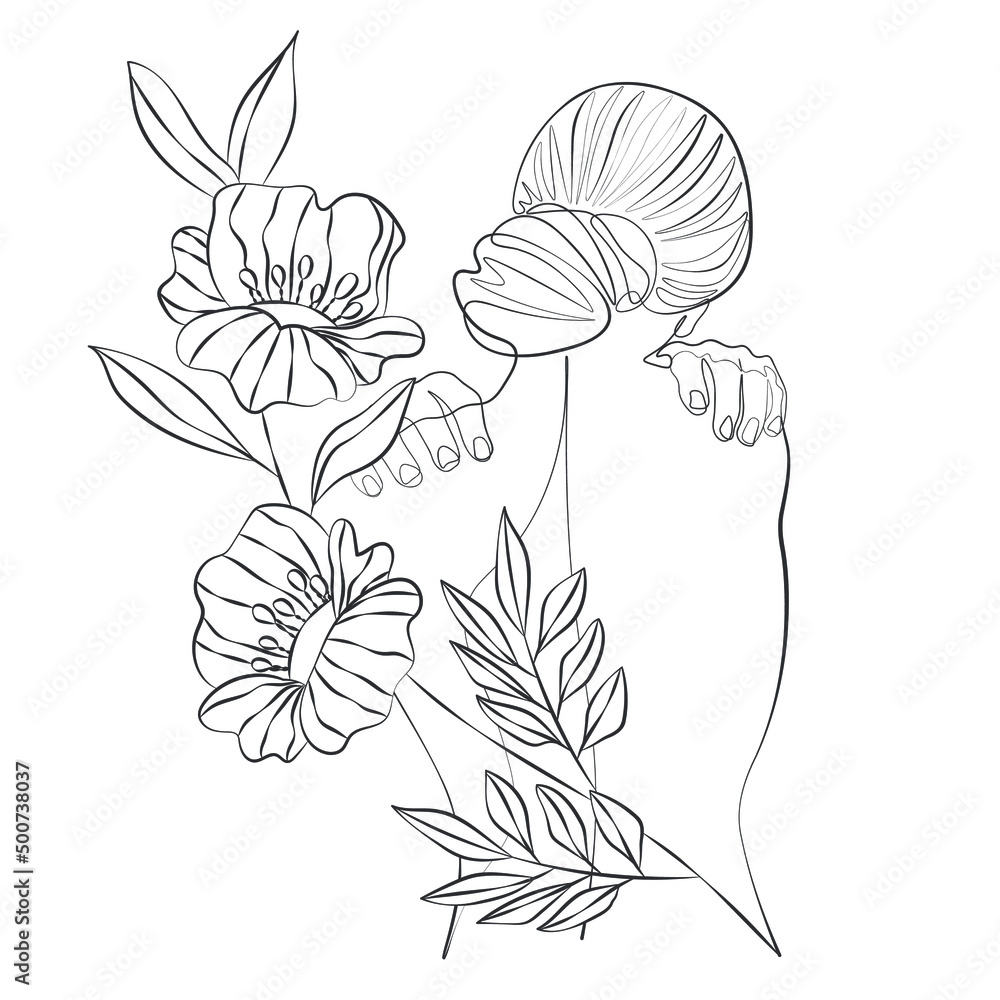 Fototapeta premium Surreal Faces, one line, drawing of set faces and hairstyles, fashion concept, woman's beauty, minimalist, pretty sexy. Contemporary portraits with a positive message surrounded by flowers.