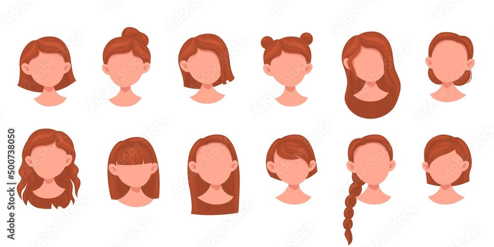 Woman hairstyles. Female trendy haircuts, brown haired girls head portraits, salon catalog, different lengths wigs on mannequins, professional hair style in beauty salon vector isolated set Stock Vector | Adobe Stock Woman hairstyles. Female trendy haircuts, brown haired girls head portraits, salon catalog, different lengths wigs on mannequins, professional hair style in beauty salon vector isolated set Stock Vector | Adobe Stock