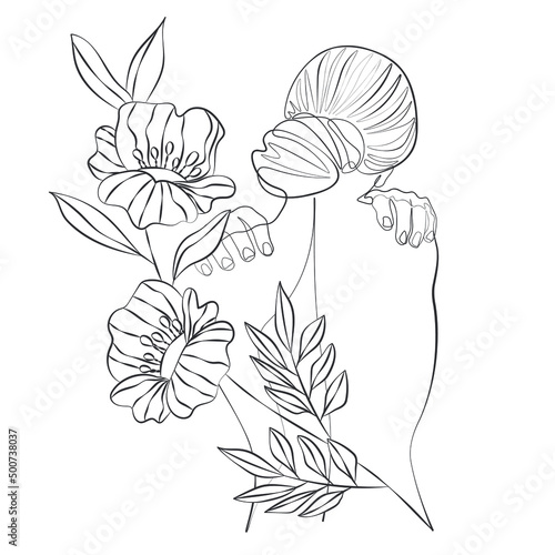 Surreal Faces, one line, drawing of set faces and hairstyles, fashion concept, woman's beauty, minimalist, pretty sexy. Contemporary portraits with a positive message surrounded by flowers.