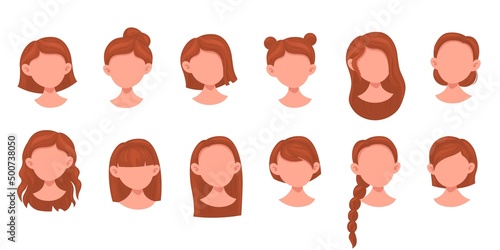 Woman hairstyles. Female trendy haircuts, brown haired girls head portraits, salon catalog, different lengths wigs on mannequins, professional hair style in beauty salon vector isolated set photo