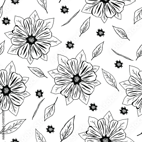 Seamless pattern of hand-drawn outline flowers and leaves. Floral elements theme