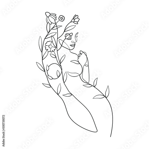 Surreal Faces, one line, drawing of set faces and hairstyles, fashion concept, woman's beauty, minimalist, pretty sexy. Contemporary portraits with a positive message surrounded by flowers.