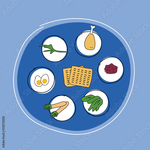 Jewish holiday Pesach. Passover seder plate with traditional food. Vector illustration in flat style.