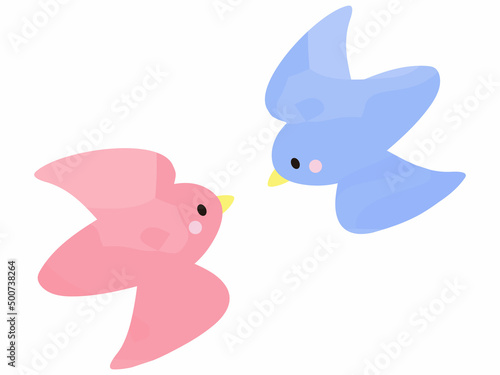 可愛い小鳥のカップルが空を自由に飛びながらたわむれる様子_水彩