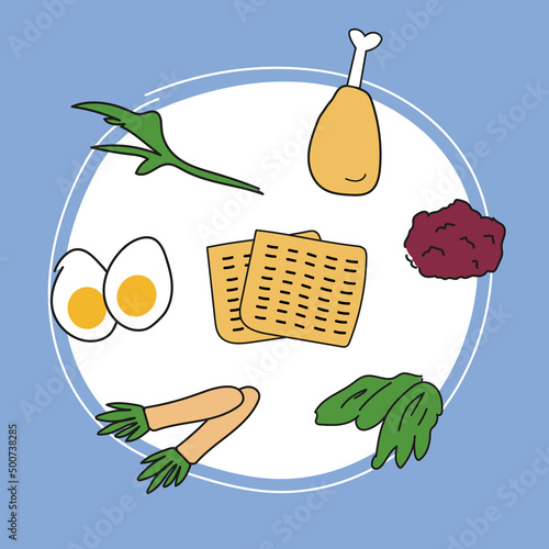Jewish holiday Pesach. Passover seder plate with traditional food. Vector illustration in flat style.