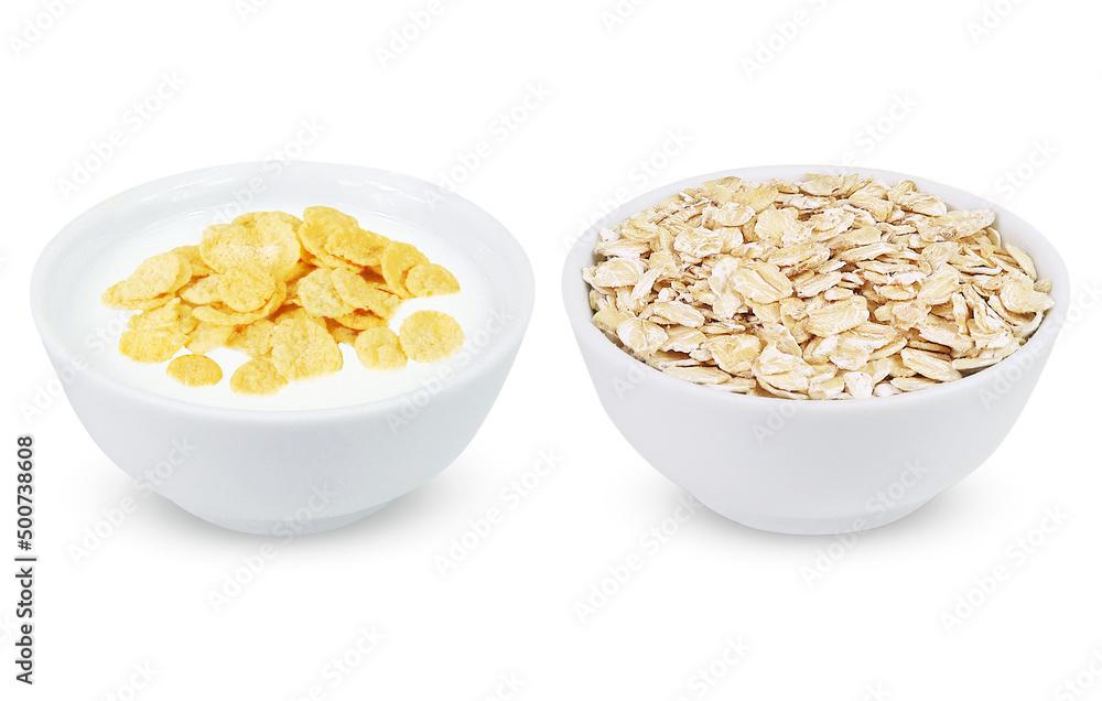 Corn flakes and oatmeal on an isolated white background. Morning breakfast collection Corn flakes and oatmeal on an isolated white background. Morning breakfast collection